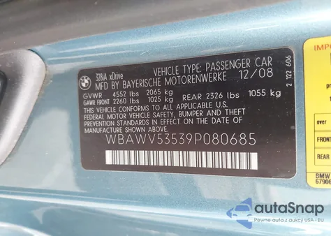 2009 BMW 328I xDrive from USA, damaged, VIN WBAWV53539P080685